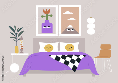 This inviting bedroom features a playful color scheme with a purple bedspread, cheerful decor, and quirky artwork, The unique design encourages positivity and joy throughout the space