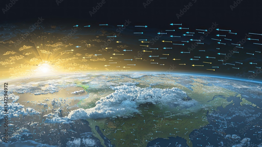 Fototapeta premium Global network of interconnected data streams over Earth's surface at sunrise