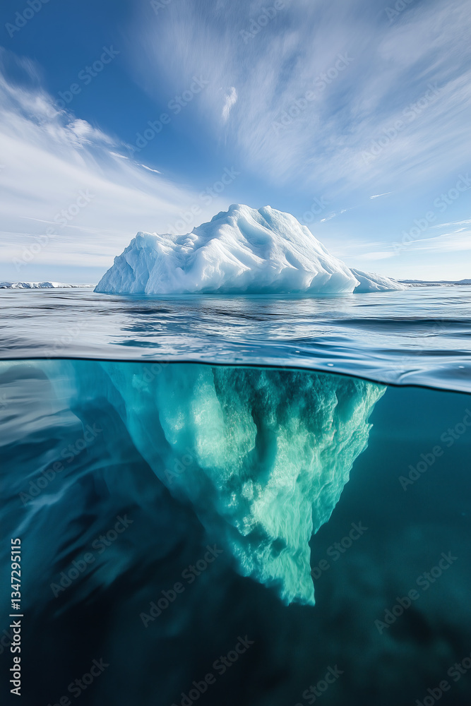 Iceberg floating in ocean water with large submerged part visible beneath the surface, wide landscape view.