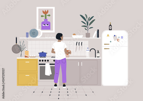 In a contemporary kitchen with soft pastel colors, a female character works joyfully, engaged in a culinary activity surrounded by plants and colorful decor