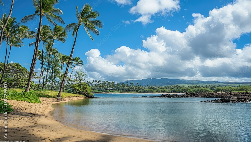 Obraz premium Tropical beach cove, palm trees, clear water. Lush greenery, sandy beach, blue sky, mountain backdrop