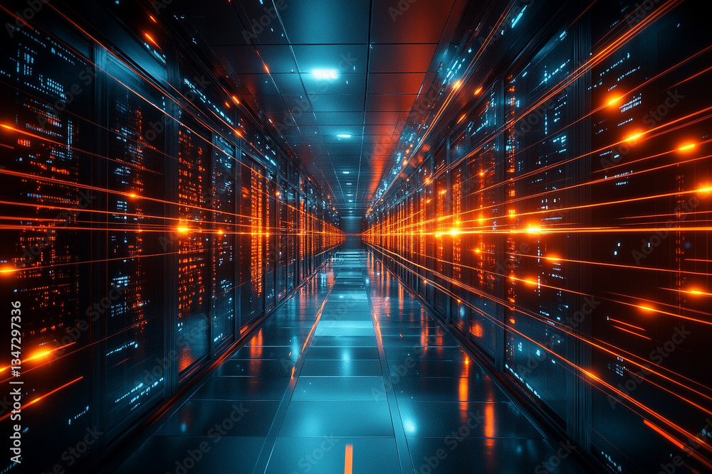High-tech data center with vibrant light effects High-tech data center with vibrant light effects