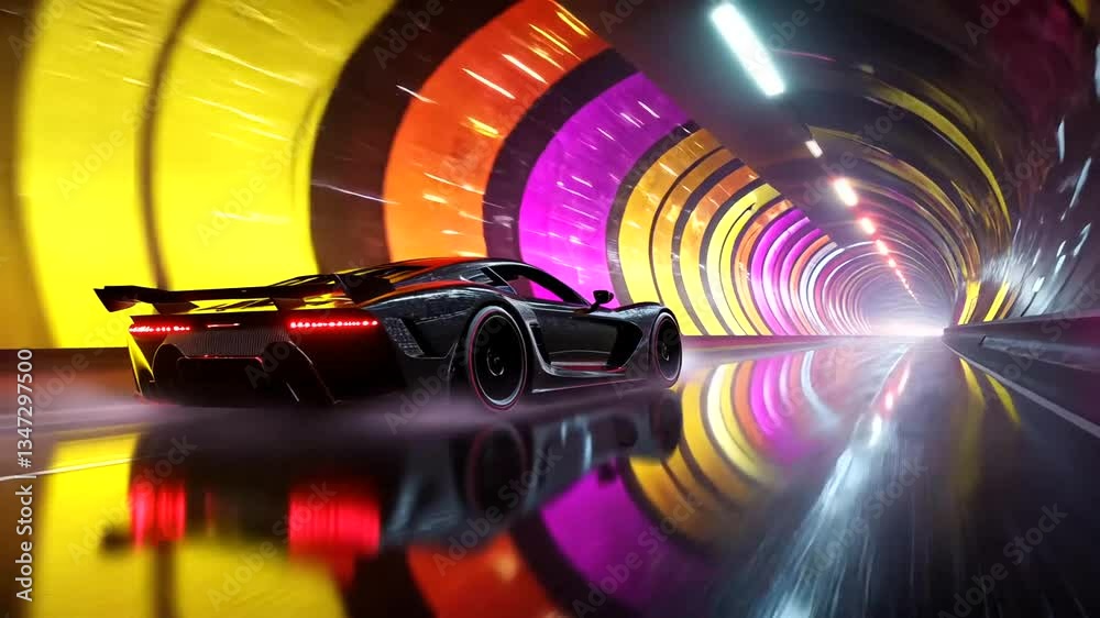 Futuristic sports car racing through a vibrant illuminated tunnel with reflections