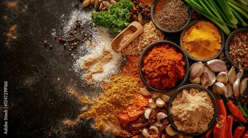 Asian fusion cuisine ingredients tradition concept. A vibrant assortment of spices and herbs displayed in bowls, showcasing a colorful blend of ingredients on a dark surface.