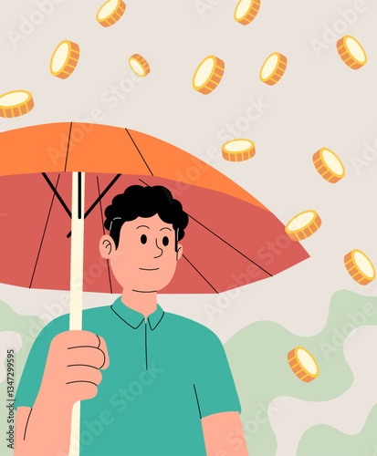 A man holding an umbrella shields himself from a rain of golden coins symbolizing financial protection