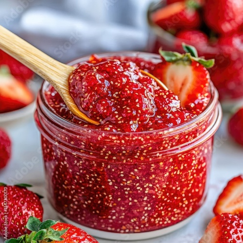 Wooden spoon scoops strawberry jam from jar