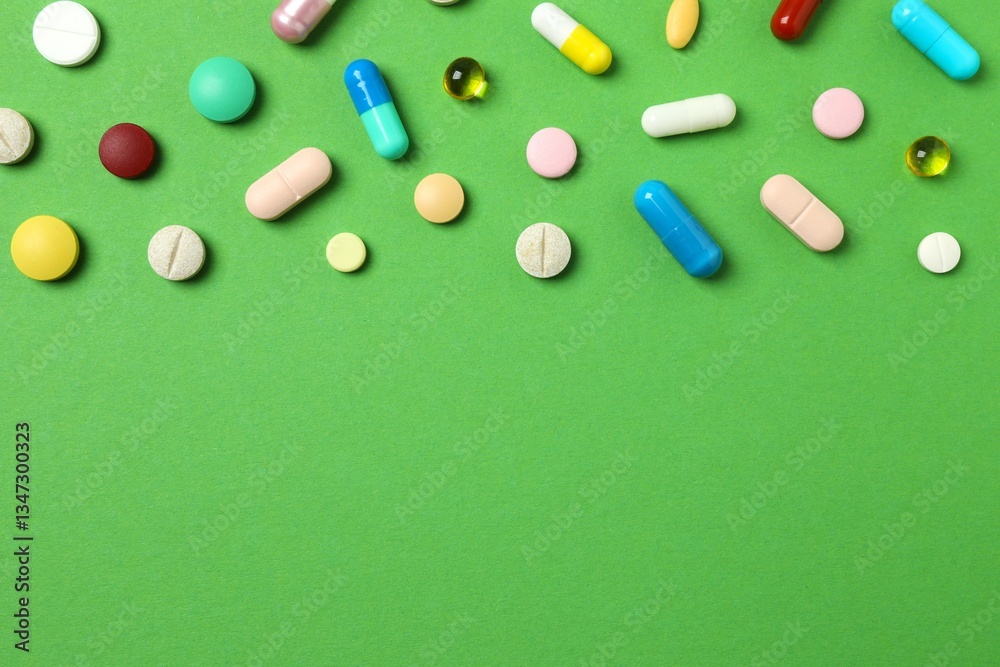 Various pills on color background, top view Various pills on color background, top view
