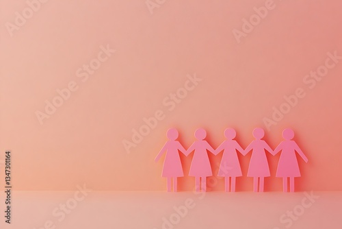 Pink Paper People Holding Hands Feminine Cooperation Illustration
