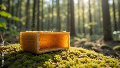 Empty honeycomb rests on mossy surface in a forest, sunlight filtering through the trees
