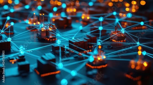 Flowing logistics network highlighted with glowing blue connections