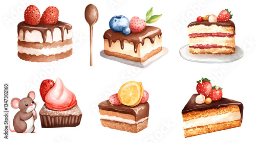 Exquisite Watercolor Illustration of Chocolate Mouse Cake Dessert Collection for Culinary Designs