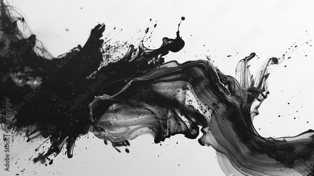 Ink splashes dance in fluid patterns under soft lighting, highlighting their elegant contrasts Ink splashes dance in fluid patterns under soft lighting, highlighting their elegant contrasts