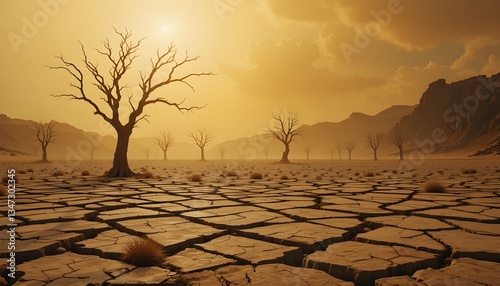 Extreme heatwave in a cracked dry desert shimmering air skeletons of trees