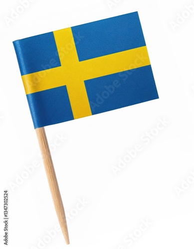 Swedish flag on wooden stick isolated on white background