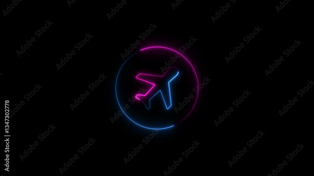 glowing neon simple airplan icon animation video on black background. glowing neon simple airplan icon animation video on black background.