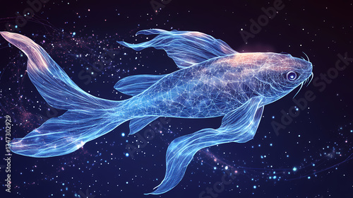 Wallpaper Mural Celestial Koi: A mesmerizing koi fish gracefully glides through the starry expanse, its ethereal form illuminated by cosmic light Torontodigital.ca