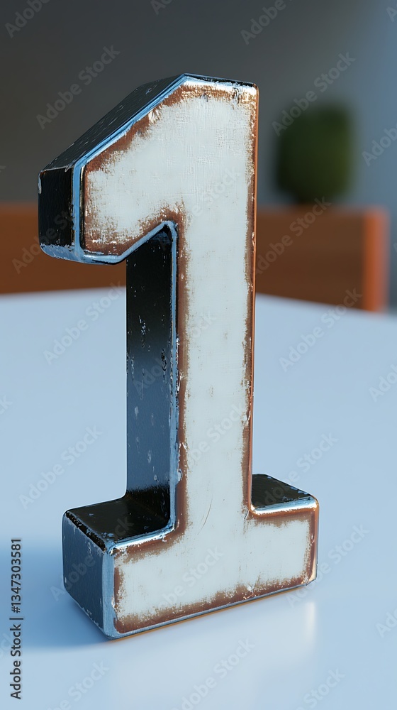 Metal number one on table, neutral background, counting use Metal number one on table, neutral background, counting use