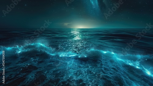 Gentle waves of the deep ocean glow with bioluminescent blue-green light, casting a magical ambiance in the night