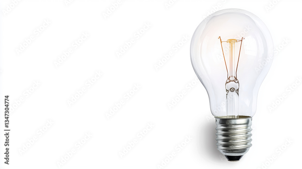 clear light bulb with visible filament, symbolizing innovation and ideas, stands out against white background clear light bulb with visible filament, symbolizing innovation and ideas, stands out against white background
