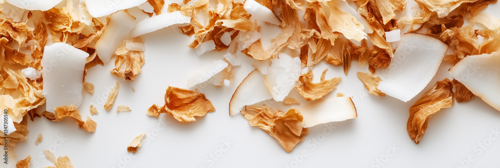 Obraz premium Close-Up of Dried Coconut Flakes and Dates on a Light Background