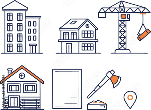 Simple Line Art Illustrations of Construction and Real Estate