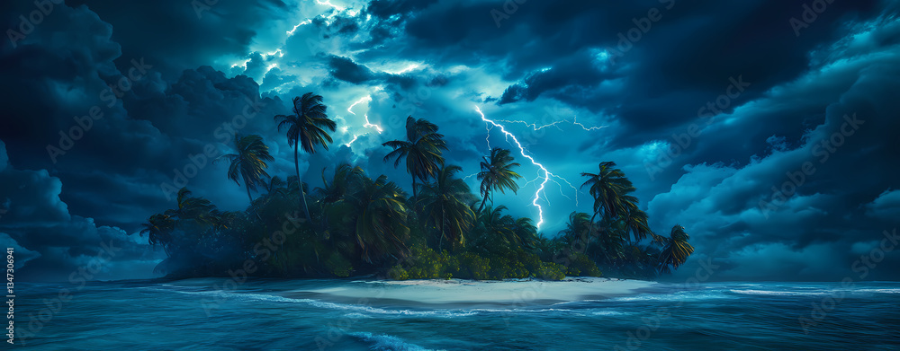 Obraz premium Stormy Island: A tropical island scene under a dramatic, tempestuous sky, with lightning illuminating the dark clouds, a perfect blend of nature's raw power and serene beauty.