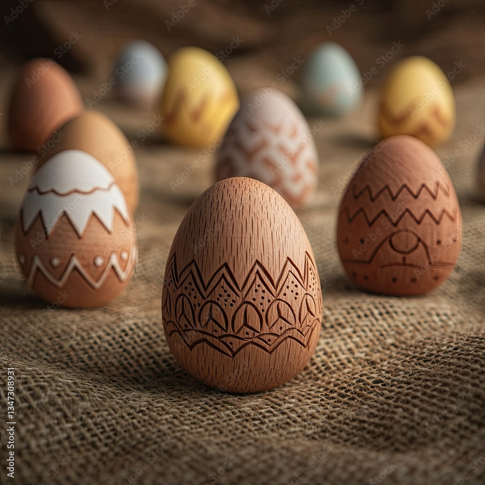 Artfully decorated eggs placed on a textured surface, showcasing intricate patterns for a festive celebration. Artfully decorated eggs placed on a textured surface, showcasing intricate patterns for a festive celebration.