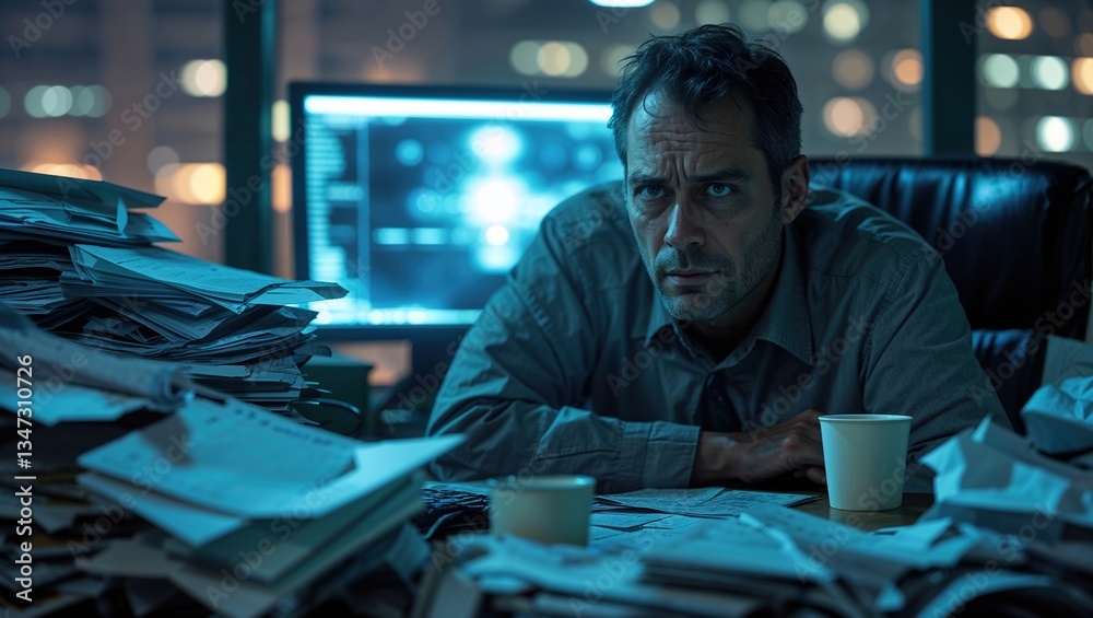 A man sits in a cluttered office late at night, surrounded by piles of paperwork. He appears overwhelmed and stressed, staring blankly at his computer screen, indicating the burden of bad habits A man sits in a cluttered office late at night, surrounded by piles of paperwork. He appears overwhelmed and stressed, staring blankly at his computer screen, indicating the burden of bad habits
