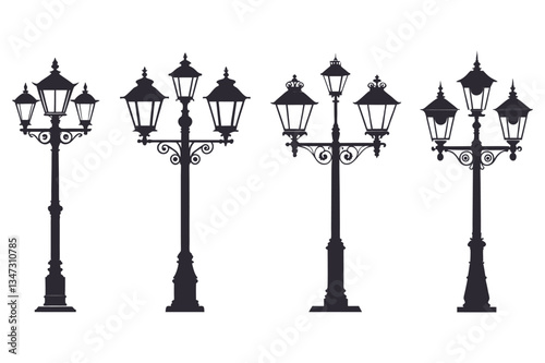 Ornate Streetlamp Vector Collection - Multiple Designs of Vintage and Decorative Streetlamps for City, Garden, and Outdoor Lighting