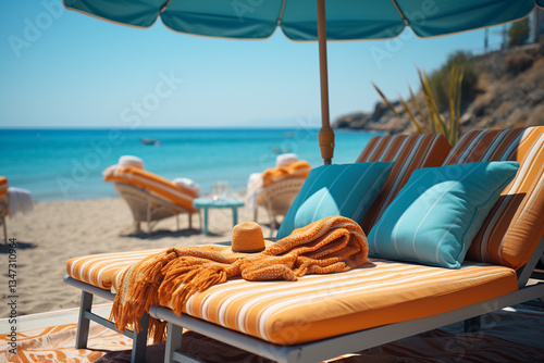 Exalting concept of a seaside retreat, this grandiose depiction glorifies alluring coast, adorned with beach towels, sun umbrellas, and an atmosphere of untroubled bliss that epitomizes a vacation