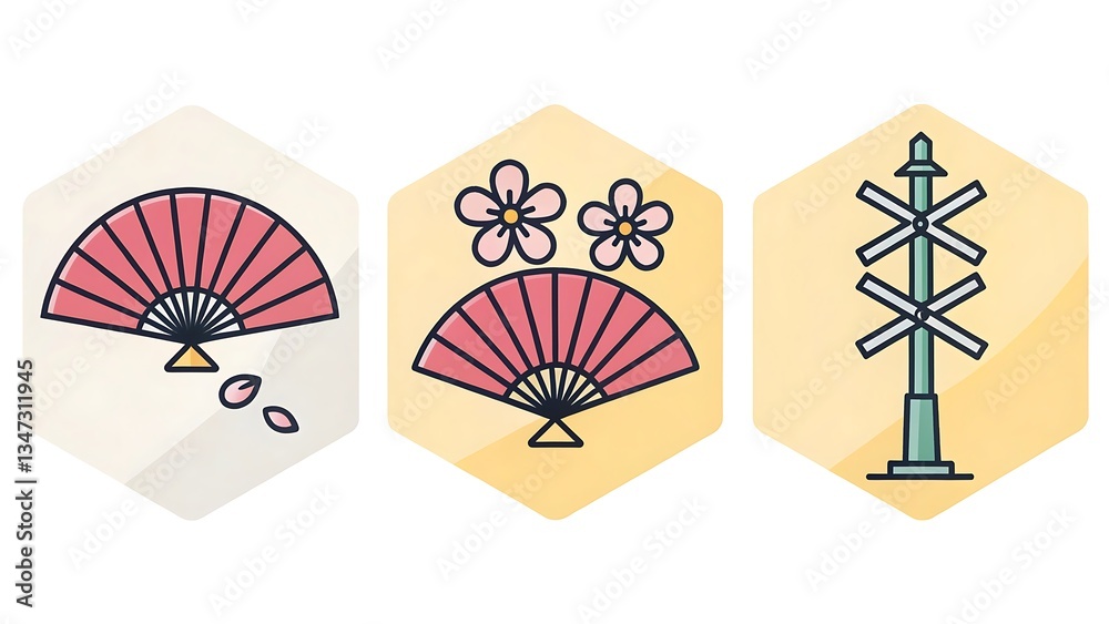Obraz premium Beautiful Japanese Fan Illustrations with Cherry Blossoms and Traditional Elements for Cultural Designs and Digital Art