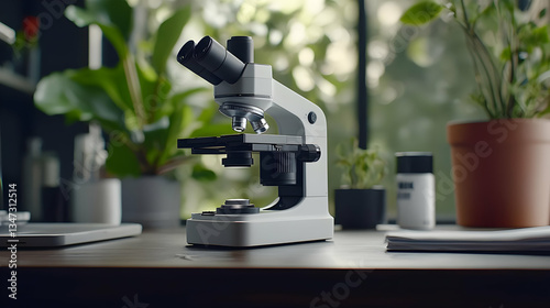 Gray Microscope On Wooden Desk With Green Plants In The Background