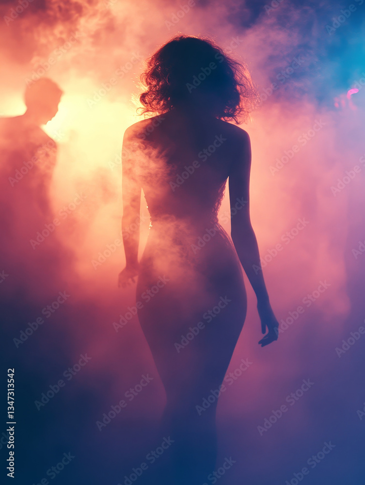 mysterious silhouette of a woman walking through neon-lit smoke in a moody nightclub atmosphere