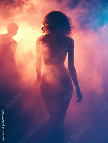 Obraz na płótnie mysterious silhouette of a woman walking through neon-lit smoke in a moody nightclub atmosphere w salonie