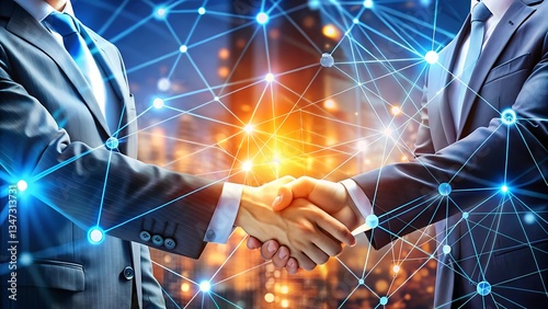 Business handshake with digital network connection over cityscape background