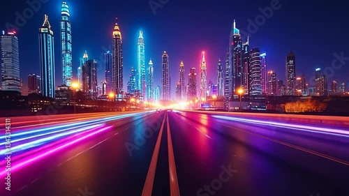 Futuristic cityscape at night neon light trails on highway with impressive modern architecture background