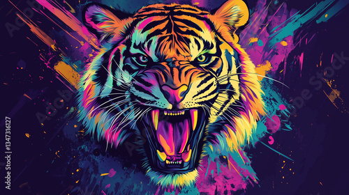This tiger head vector illustration showcased a majestic creature, its roaring expression brought to life through a palette of intense, eye-catching colors.