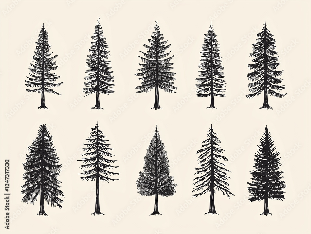 Fototapeta premium Collection of different pencil monochrome tree sketches, showcasing diverse types of trees. Each illustration highlights unique characteristics in artistic style.