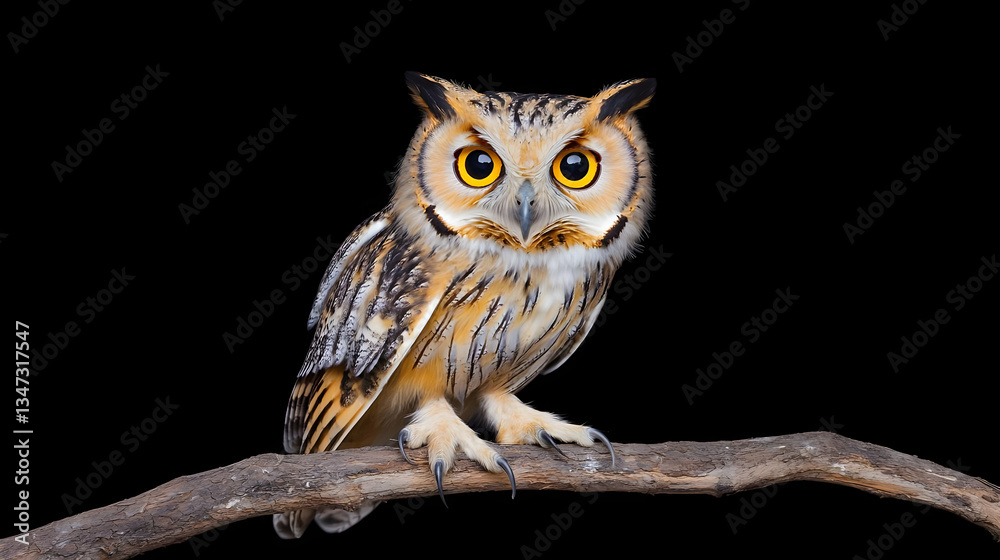 Closeup Of An Owl Perched On A Branch Against A Black Background