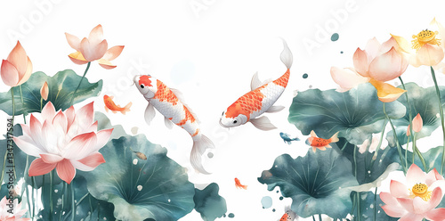 Wallpaper Mural Zen Garden Reverie: Serene watercolor artwork featuring koi fish gracefully navigating among lotus flowers, exuding peace and tranquility. Torontodigital.ca