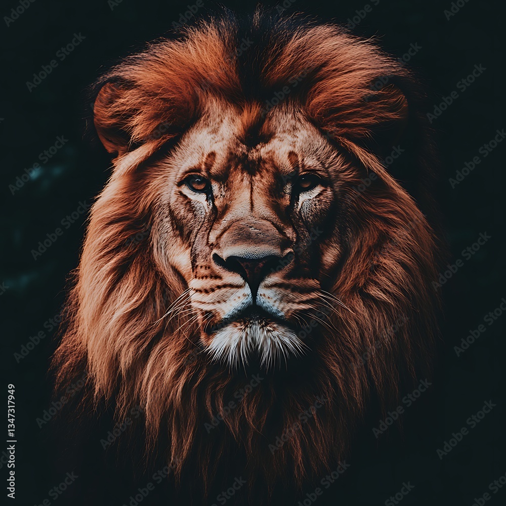 Naklejka premium Lion Portrait, Dramatic, Dark Background, Wildlife, Close-Up