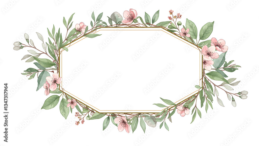 Fototapeta premium Elegant Flower Frame with Leaves and Golden Border for Invitation Design