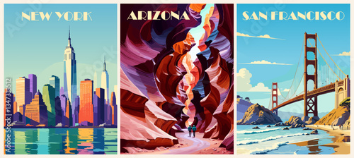 Set of USA travel destination posters in retro style. New York, Arizona, San Francisco landscapes vector colorful illustrations