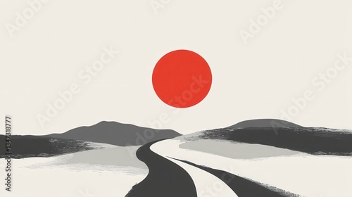 Winding Road to Red Sun with Minimal Landscape.