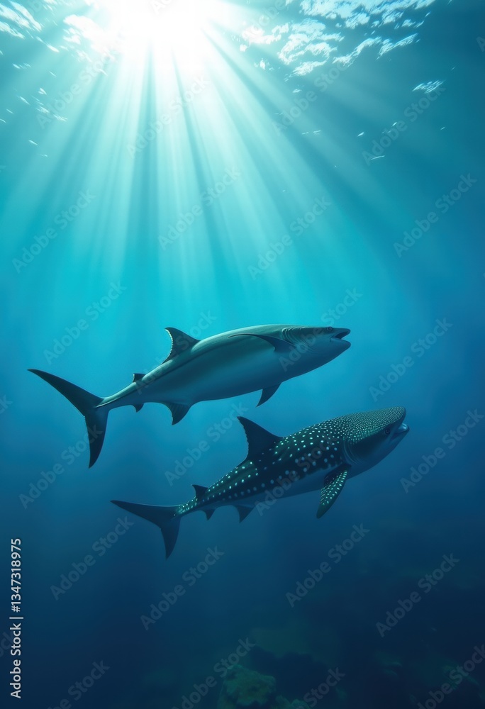Fototapeta premium Celebrate world aquatic day with this captivating underwater scene featuring a graceful shark and a majestic whale shark swimming in sunlit waters.