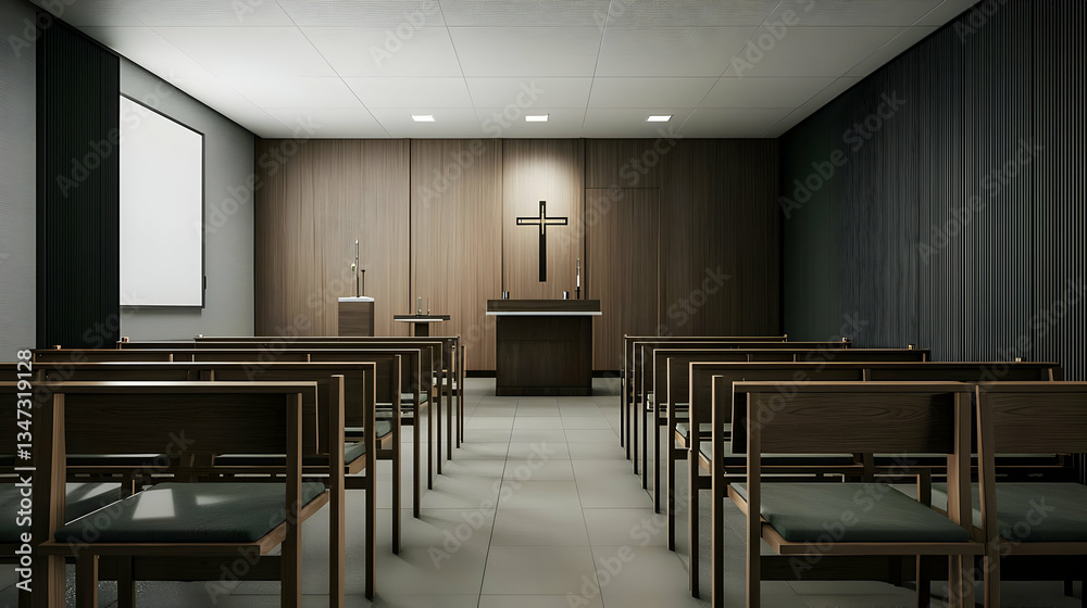 Fototapeta premium Empty Modern Chapel Interior With Wooden Pew