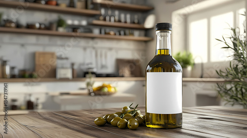 Olive Oil Mockup in Kitchen: A photorealistic olive oil bottle stands proudly on a wooden table, alongside a small pile of fresh olives.