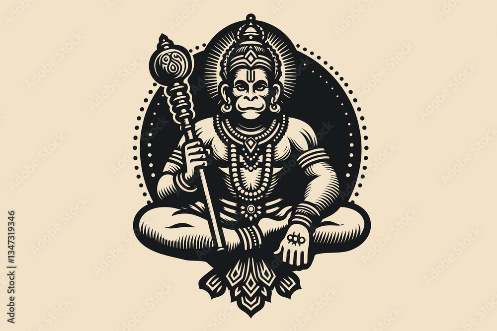 Obraz premium Vintage black engraving of Hanuman, the Hindu monkey god