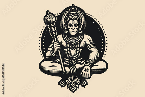 Vintage black engraving of Hanuman, the Hindu monkey god