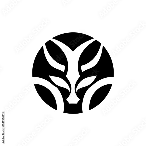a creative symbol illustration in black and white featuring an abstract animal head within a circle, symbolizing creativity and design